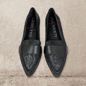Sole Society Edie Black Floral Embossed Leather Pointy Toe Loafers
